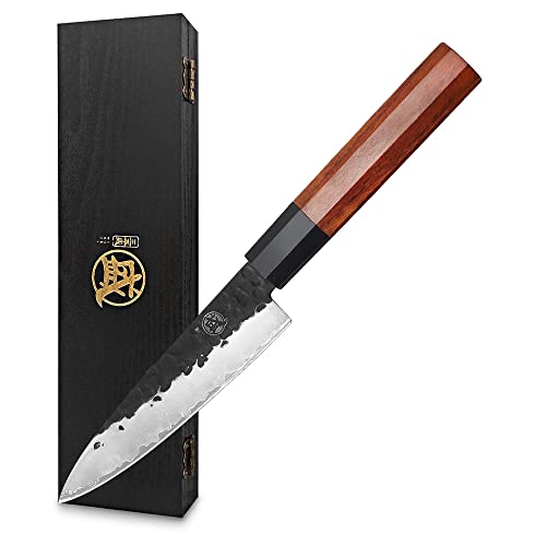 MITSUMOTO SAKARI Professional Small Kitchen Chef Knife, Japanese Hand Forged Paring Knife, 5.5 inch High Carbon Steel Fruit and Vegetable Knife