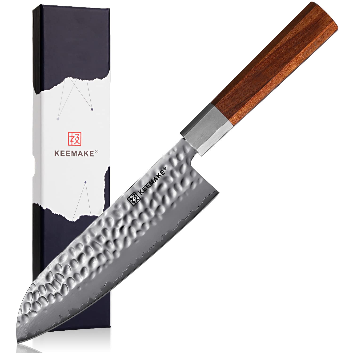 KEEMAKE Santoku Knife 7 inch, Japanese Chef Knife with 3 Layers 9CR18MOV High Carbon Stainless Steel Kitchen Knives, Octagon Wood Handle Vegetable