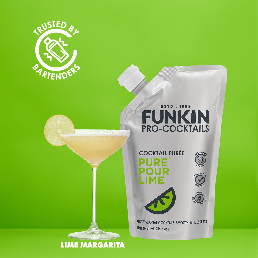 FUNKIN Pure Pour Lime Puree Cocktail Mixer | Made with Real Fruit | Fresh Fruit Puree for Professional Cocktails, Smoothies, & Desserts | 0% ABV | Resealable Pouch | 1kg, Pack of 1