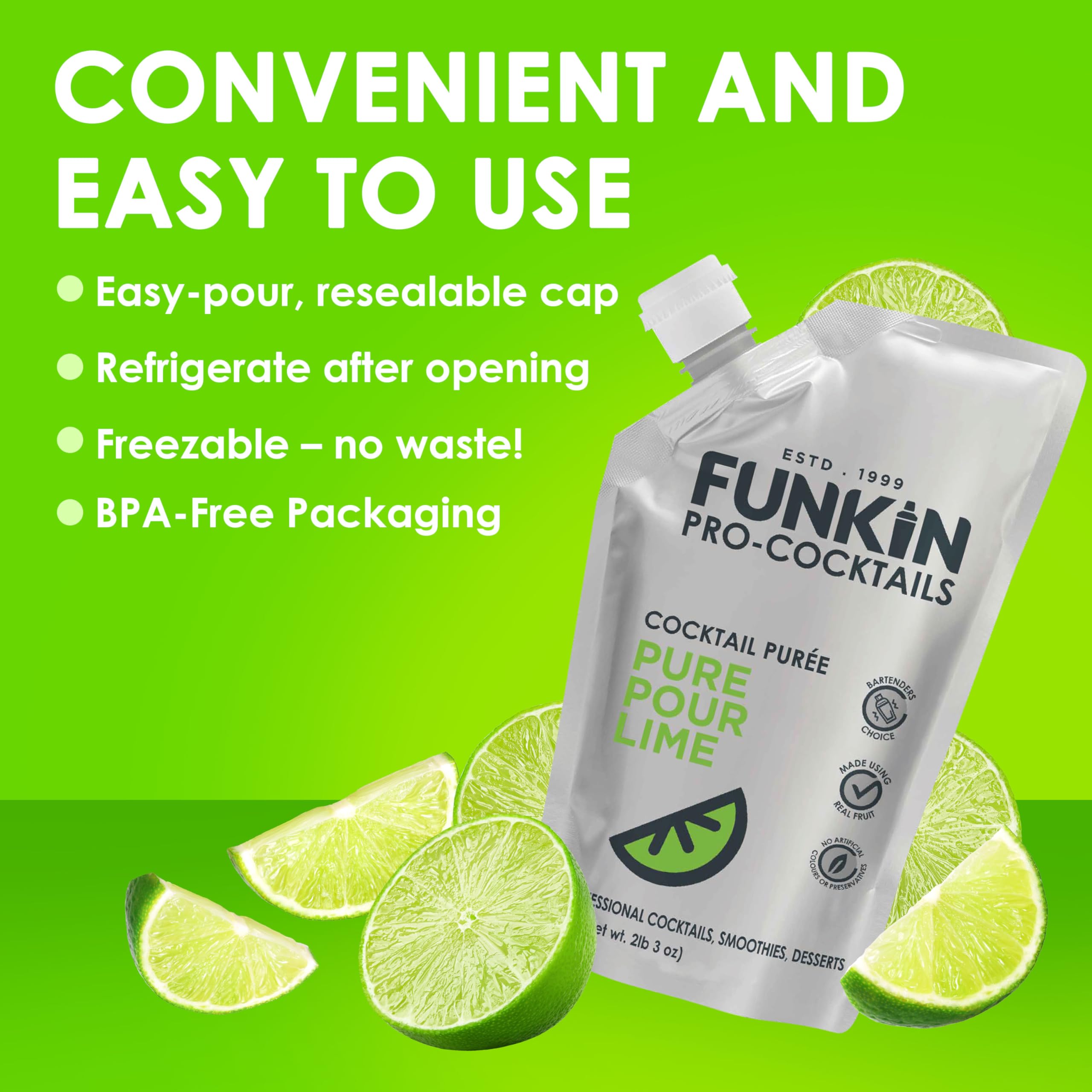 FUNKIN Pure Pour Lime Puree Cocktail Mixer | Made with Real Fruit | Fresh Fruit Puree for Professional Cocktails, Smoothies, & Desserts | 0% ABV | Resealable Pouch | 1kg, Pack of 1