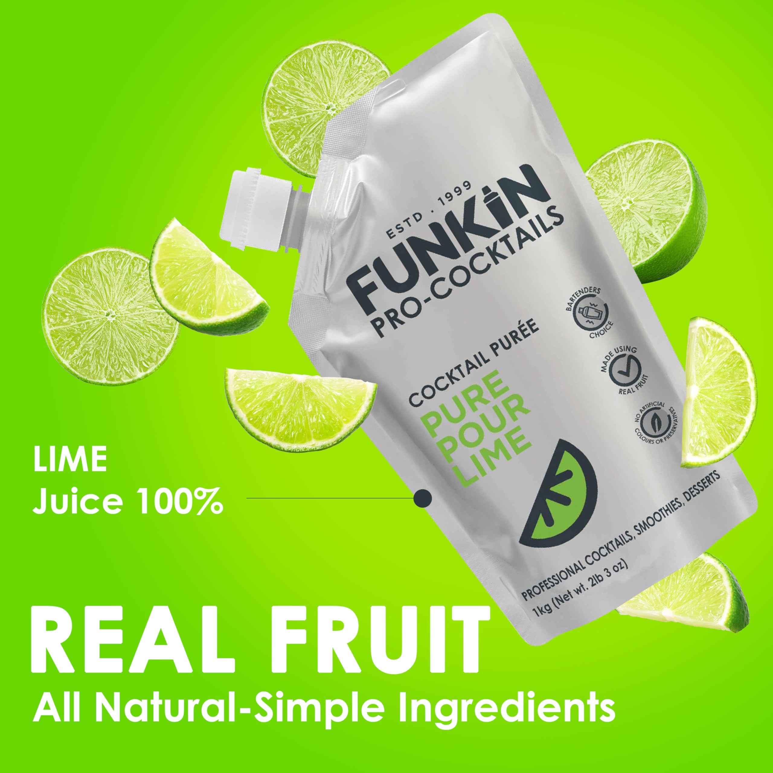 FUNKIN Pure Pour Lime Puree Cocktail Mixer | Made with Real Fruit | Fresh Fruit Puree for Professional Cocktails, Smoothies, & Desserts | 0% ABV | Resealable Pouch | 1kg, Pack of 1