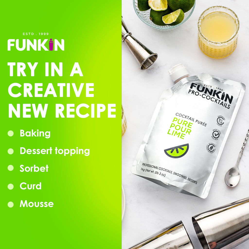 FUNKIN Pure Pour Lime Puree Cocktail Mixer | Made with Real Fruit | Fresh Fruit Puree for Professional Cocktails, Smoothies, & Desserts | 0% ABV | Resealable Pouch | 1kg, Pack of 1