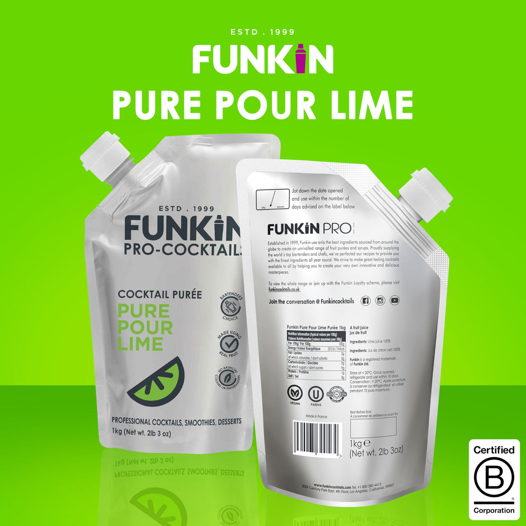 FUNKIN Pure Pour Lime Puree Cocktail Mixer | Made with Real Fruit | Fresh Fruit Puree for Professional Cocktails, Smoothies, & Desserts | 0% ABV | Resealable Pouch | 1kg, Pack of 1