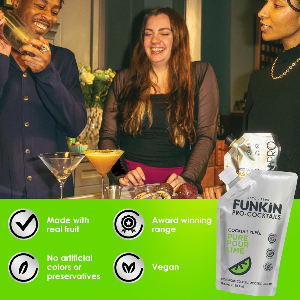 FUNKIN Pure Pour Lime Puree Cocktail Mixer | Made with Real Fruit | Fresh Fruit Puree for Professional Cocktails, Smoothies, & Desserts | 0% ABV | Resealable Pouch | 1kg, Pack of 1